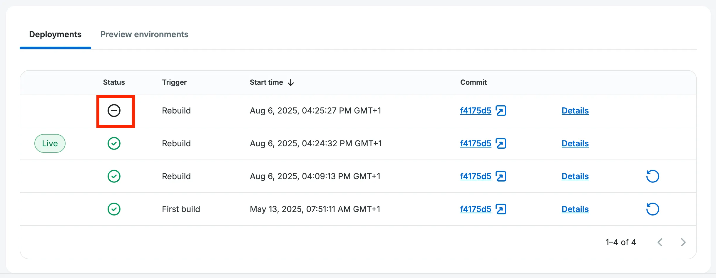 Cancelled build in the Builds table